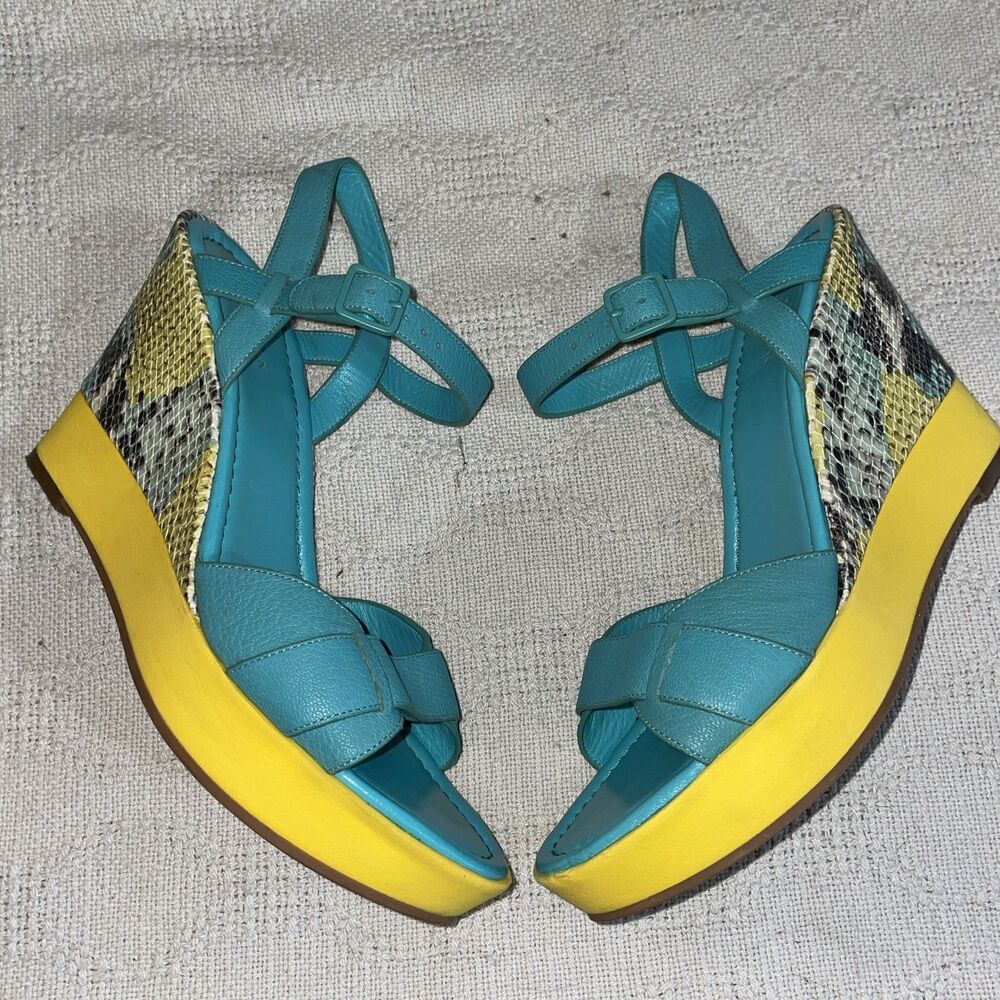 Cole Haan Women’s Ankle Strap Wedges Size 9 B Blue Yellow Going Out Party Fun
